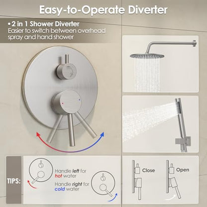 Gabrylly Shower System, 10" Wall Mounted Shower Faucet Set, Brushed Nickel | Rain Shower Head with Handheld Spray Combo, All Metal Rainfall Shower Head Complete Set Shower Mixer Valve for Bathroom - color: Nickel
