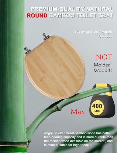 Angol Shiold ROUND Bamboo Wood Toilet Seat 16.5Inch | Easy to Install also Easy to Clean, Up to 400 lbs (Round 16.5", Natural Bamboo) - color: Non Soft-close, size: Round -16.5"