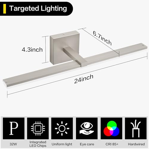 24 Inch Vanity Lights for Bathroom Brushed Nickel Over Cabinet Arm Wide LED Bar 18W 1440lm 6000K - color: Brushed Nickel, size: 24-inch