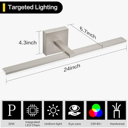 24 Inch Vanity Lights for Bathroom Brushed Nickel Over Cabinet Arm Wide LED Bar 18W 1440lm 6000K - color: Brushed Nickel, size: 24-inch
