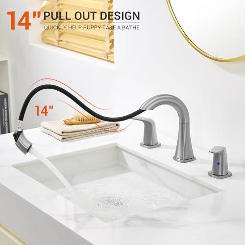 Brushed Nickel Bathroom Faucet with Sprayer - Rotatable Bathroom Faucets for Sink 3 Holes, 8In Widespread Bathroom Pull Down Faucet, 2-Handle Vanity Faucet with Pull Out Sprayer 360 Swivel - color: Brushed Nickel