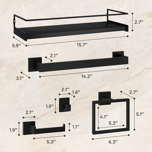Matte Black Bathroom Hardware Set with 15.7" x 5.9" Shelf, 6 Pcs (5+Shelf) - color: Matte Black