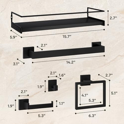 Matte Black Bathroom Hardware Set with 15.7" x 5.9" Shelf, 6 Pcs (5+Shelf) - color: Matte Black