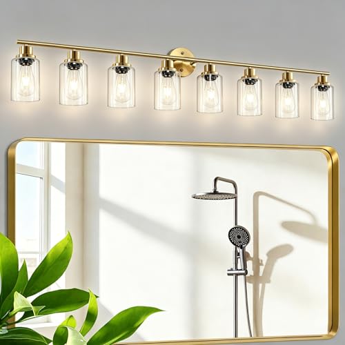 8-Light Brushed Gold Vanity Lights for Bathroom, Lighting Fixtures Over Mirror with Clear Glass Shade, Modern Kitchen Light Fixtures Wall Lamps Sconce Light - E26 Base - color: Gold & Clear Glass Shade, size: 52 Inch : 8-Light