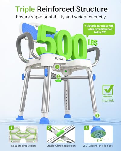 FULLOT H-Shaped Shower Chair for Easy Cleaning, Stable X-Bracing, 500 lbs | Heavy Duty Adjustable Shower Stool with Padded Back & Arms for Elderly & Disabled, Non-Slip Feet, Thicker Legs, Tool-Free