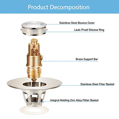 QYHNYJF Bathroom Sink Stoppers Brushed Nickel – Pop Up Drain Stopper & Strainer, 2-in-1 Universal Sink Stopper for 1.1" to 1.5" Bathroom Sink Drain Pipes, Brushed Nickel Finish - color: Brushed Nickel