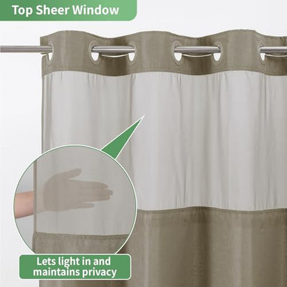 eachope No Hook Shower Curtain with Snap-in Fabric Liner Set,Slub Textured Fabric Shower Curtains for Bathroom,Hotel Style Modern Shower Curtain,Water Repellent & Washable,71x74(72),Tan/Khaki | Hotel Style Fabric with See-Through Top Window, Water Repelle