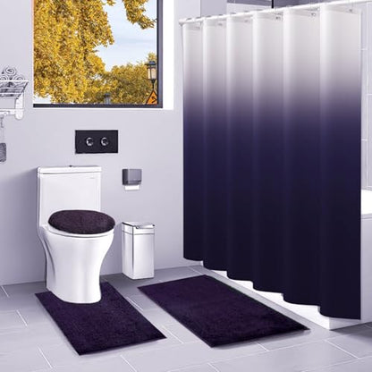 Shower Curtain Sets with Rugs and Adjustable Toilet Seat Cover | 4 Pcs Gark Purple Bathroom Sets with Shower Curtain and Rugs and Microfiber Toilet Lid Cover - color: Gark Purple