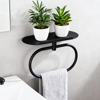 Towel Ring with Shelf, Heavy Duty Stainless Steel Bathroom Hardware, Adhesive No-Drill or Drill Mount Wall Mounted Towel Holder for Bathroom and Kitchen (Black) - color: Black