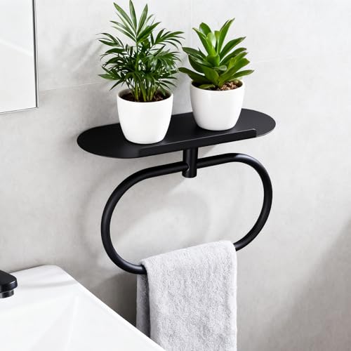 Towel Ring with Shelf, Heavy Duty Stainless Steel Bathroom Hardware, Adhesive No-Drill or Drill Mount Wall Mounted Towel Holder for Bathroom and Kitchen (Black) - color: Black
