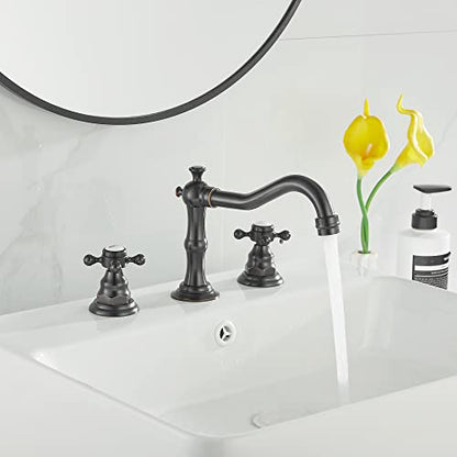 2 Handles 3 Holes Faucet Widespread Bathroom Sink Faucet Oil Rubbed Bronze Basin Tap Mixer Supply Hose Included Matching Pop Up Drain - color: Bronze, style: Ceramic Cover