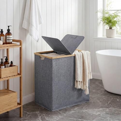efluky Laundry Hamper with Lid, Double Laundry Basket with 2 Removable Bags, 2 Section Laundry Bin with Bamboo Handles for Bathroom, Bedroom & Laundry Room, 140L (36.9 Gallon) Blue Grey - color: Blue Grey, size: 140L Dual