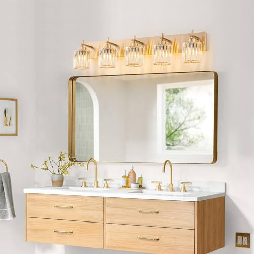 Modern Crystal Bathroom Vanity Lights, Gold 5-Lights Bathroom Light Fixtures Over Mirror, Crystal Wall Lighting with Polished Brass Finish - color: Gold-Round Shade, size: 5-Light