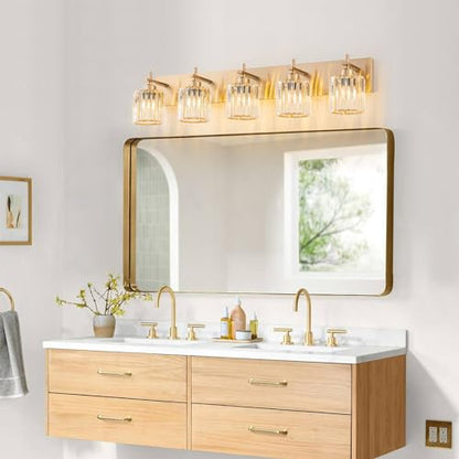 Modern Crystal Bathroom Vanity Lights, Gold 5-Lights Bathroom Light Fixtures Over Mirror, Crystal Wall Lighting with Polished Brass Finish - color: Gold-Round Shade, size: 5-Light