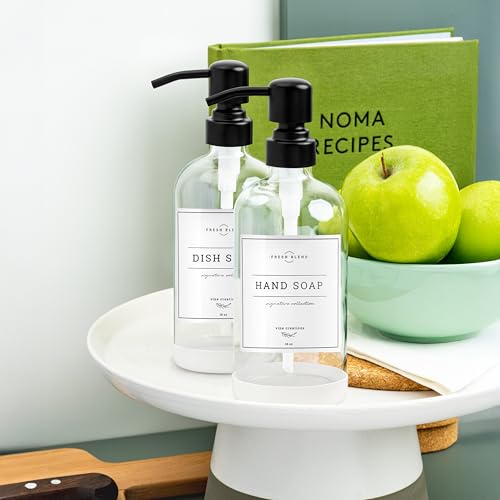 Vine Creations Clear Glass Soap Dispenser, 2 Pack Kitchen Soap Dispenser Set with Stainless Steel Pump, 16 oz Dish Soap and Hand Soap Dispensers for Bathroom with Waterproof Labels - color: Clear Bottle / Matte Black Pump