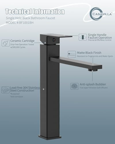 Bathroom Faucets, Matte Black Bathroom Faucet with Pop-up Drain and 2 Supply Hoses, Single Hole High Barrel Vanity Faucet for Vessel Sink, Single Handle Stainless Steel RV Faucet - color: 1.Matte Black, style: Tall