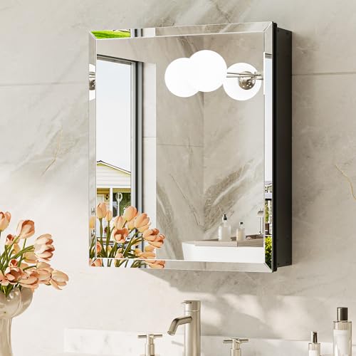 TokeShimi 16 x 20 Black Mirrored Medicine Cabinet, Tempered Beveled Mirror, Medicine Cabinet for Bathroom, Assembly Required, Stepless Adjustable Shelves, Recessed/Wall Mount - color: Black, size: 16x20 in
