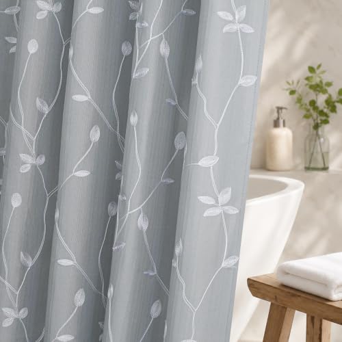 Embroidered Leaf Farmhouse Shower Curtain,Faux Linen,72Wx72L,Grey | Boho Modern Shower Curtain Set, Washable & Waterproof Fabric, Floral Shower Curtains for Bathroom with Hooks - color: Grey