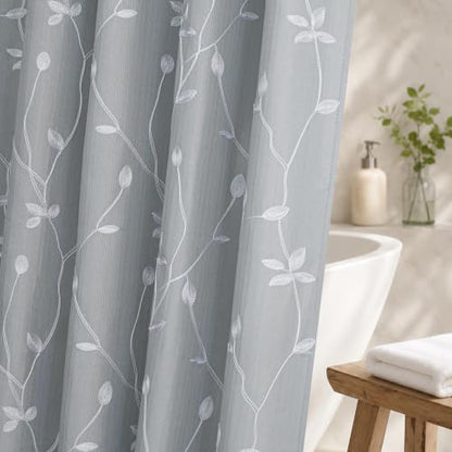 Embroidered Leaf Farmhouse Shower Curtain,Faux Linen,72Wx72L,Grey | Boho Modern Shower Curtain Set, Washable & Waterproof Fabric, Floral Shower Curtains for Bathroom with Hooks - color: Grey