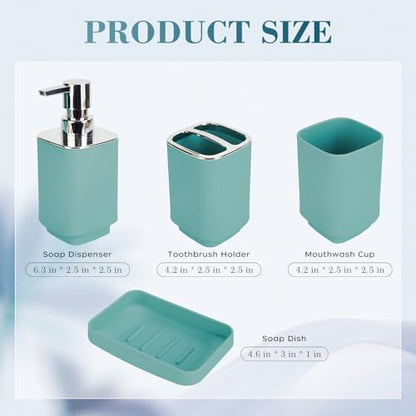 4Pcs Lake Blue Bathroom Set, Square Boho Soap & Toothbrush Holder Set | Thick shatterproof ABS, electroplated rust-proof pump, drip-free, multi-slot holder, dustproof lids, easy-clean - color: Lake Blue, size: 4PCS