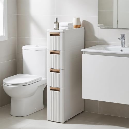 Byroce 4-Tier Narrow Storage Cabinet with Wheels, Slim Rolling Plastic Drawer Organizer with Removable Dividers, Skinny Storage Cart for Small Spaces, Bathroom & Kitchen (1PC, 4-Drawer), Beige - size: 4-Drawer