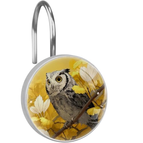 Crystal Glass Shower Curtain Hooks Set of 12, Rustproof Shower Curtain Rings for Bathroom, Owl and Yellow Leaves Decorative Shower Curtain Hangers for Shower Curtain Rod, Bedroom - color: Owl and Yellow Leaves