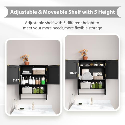 Black Bathroom Cabinet with Towel Rack, Bathroom Wall Cabinet with 2 Doors and Adjustable Shelf, Medicine Cabinet Wall Mount, Over The Toilet Storage - color: Black Bathroom Cabinet With Towel Rack
