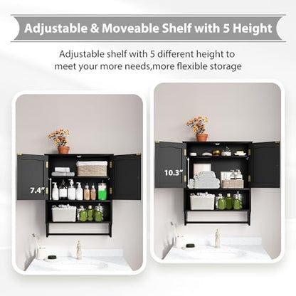 Black Bathroom Cabinet with Towel Rack, Bathroom Wall Cabinet with 2 Doors and Adjustable Shelf, Medicine Cabinet Wall Mount, Over The Toilet Storage - color: Black Bathroom Cabinet With Towel Rack