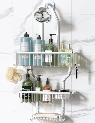 Never Rust Shower Caddy Hanging, Aluminum Shower Racks for Inside Shower, 3-Tier Shower Organizer Hanging Over Shower Head with Hooks and Soap Holder, Silver - color: Silver