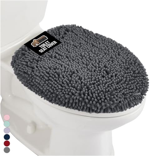 GORILLA GRIP Soft Chenille Bathroom Toilet Lid Cover, Machine Washable Seat Covers, 19.5x18.5, Stays in Place Rubber Backing, Fits Most Round, Elongated and Oblong Lids, Accessories Decor, Charcoal - color: Charcoal, style: Chenille