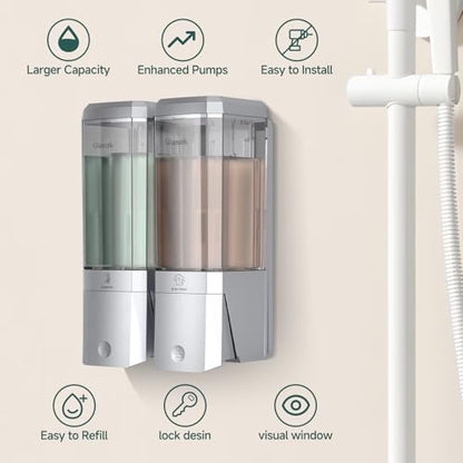 Shampoo and Conditioner Dispenser 2 Chamber No Drill Shower Soap Dispenser Wall Mounted Shampoo Conditioner Body Wash Dispenser 2 * 500ml Refillable Shower Dispenser for Bathroom Hotel, Silver