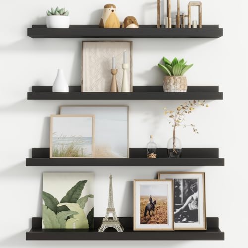 Floating Picture Ledge Shelves for Wall Set of 4, 24 Inch Wall Shelves with Lip Long Large Nursery Book Shelf for Toys Storage Kids Bookshelf Wall Mounted Living Room Bedroom Decor Frames - color: Black, size: 24'', Set of 4