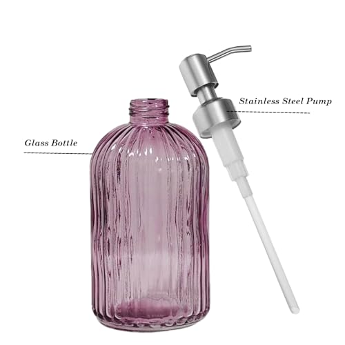 14Oz Purple Glass Soap Dispenser Bathroom, Stainless Steel Pump, Stripe | Clear Glass Liquid Hand Soap Dispensers, Refillable Dish Soap Dispenser for Kitchen, Countertop Soap Dispensers - color: Purple