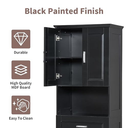 JIVOIT 70" H Tall Bathroom Cabinet with Laundry Basket, Double Cabinets with Doors and Open Storage Space, Tilt-Out Laundry Hamper and Upper Storage Cabinet (Black * 102) - color: Black * 102