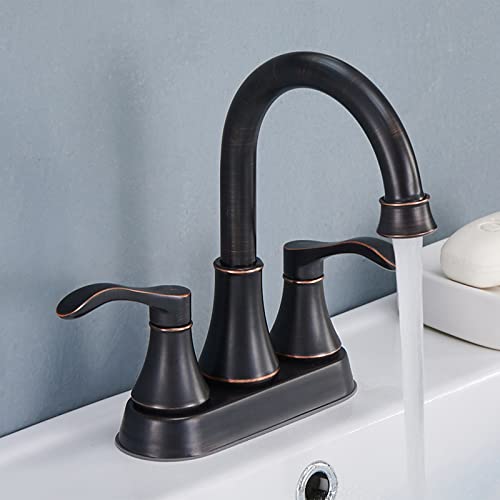 Lead-Free Antique 2 Handle Bathroom Sink Faucet, 360° Swivel High-Arc Spout 4-Inch Centerset Lavatory Vanity Faucets Set with Drain & Water Hoses, Oil Rubbed Bronze