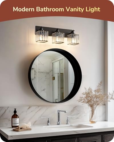EDISHINE Modern 20.47'' 3-Light Black Crystal Bathroom Vanity Light Fixture | E26 Socket, Durable Metal Base, Wall Sconce for Powder Room, Bedroom, Dressing Areas - color: Black