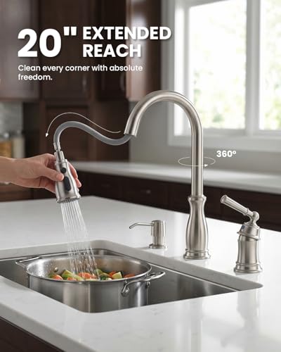 DAYONE 3 Holes Kitchen Sink Faucets with Pull Down Sprayer and Soap Dispenser, Separate Handle Brushed Nickel Sink Faucet for Kitchen, 2 Holes Single Handle High Arc - color: Brushed Nickel, style: Separate handle