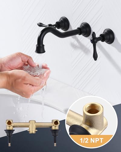 Black Bathroom Faucet Wall Mount: WOWOW Brass Bathroom Sink Faucets 2 Handle and Rough-in Valve Included, 8 Inch Lavatory Faucet 3 Hole Antique Tap - color: Black