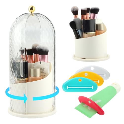 Rotating Toothbrush Holders with Sliding Lid & 4 Pcs Toothpaste Squeezers, Multifunctional 3 Slots Bathroom Organizer Countertop for Tooth Brush, Toothpaste, and Makeup Brushes