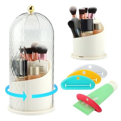 Rotating Toothbrush Holders with Sliding Lid & 4 Pcs Toothpaste Squeezers, Multifunctional 3 Slots Bathroom Organizer Countertop for Tooth Brush, Toothpaste, and Makeup Brushes
