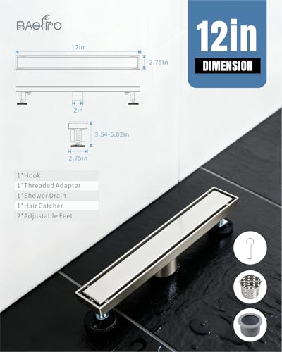12 Inch Brushed Stainless Steel Linear Shower Drain | CUPC Certified 2-in-1 Tile Insert for Curbless Showers. 304 Steel, 15.8GPM Flow. Includes Hair Catcher & Adjustable Feet. - color: Brushed Stainless, size: 12in