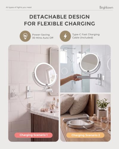 Brightown 8" Wall Mounted Lighted Makeup Mirror with LED Magnifying 1X/10X | 4000mAh Rechargeable Double Sided Dimmable Vanity Mirror, Extended Arm 360 Rotation, 3 Color Lights & Digital Display, Silver - color: Sliver