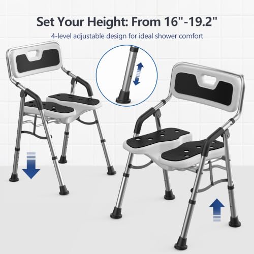 U-Shape Shower Chair for Inside Shower with Arms and Back | Folding Shower Chair with Adjustable Height, Tool-Free, Shower Chair for Elderly and Disabled, Pregnant, Handicap, FSA/HSA