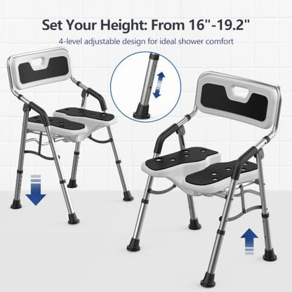 U-Shape Shower Chair for Inside Shower with Arms and Back | Folding Shower Chair with Adjustable Height, Tool-Free, Shower Chair for Elderly and Disabled, Pregnant, Handicap, FSA/HSA