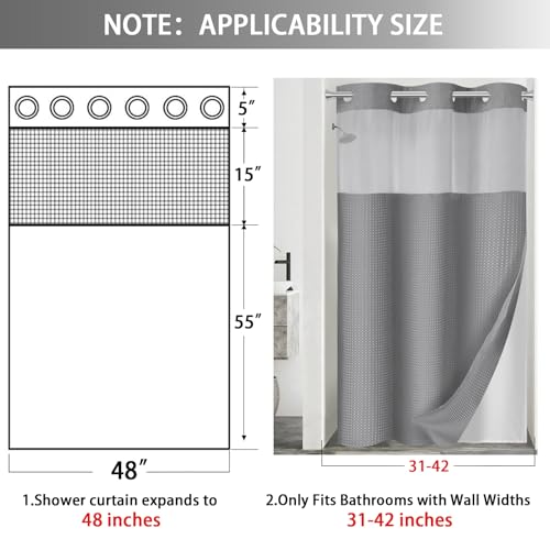 No Hook Shower Curtain with Liner Set Hotel Waffle Curtain Grey 48W X 75L | Washable Snap in Fabric Liner, Mesh Top Window, Waffle Hotel Style Shower Curtain Set - color: Grey, size: Small Stall 48"W x 75"L