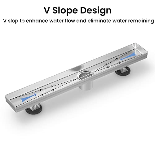 EXF Linear Shower Drain 30 Inch Brushed Nickel withTile Insert Grate | 304 Stainless Steel, V-Slope Design, Debris Strainer, Seamless, Adjustable Height - color: Brushed Steel, size: 30 IN