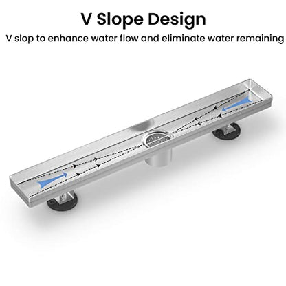 EXF Linear Shower Drain 30 Inch Brushed Nickel withTile Insert Grate | 304 Stainless Steel, V-Slope Design, Debris Strainer, Seamless, Adjustable Height - color: Brushed Steel, size: 30 IN