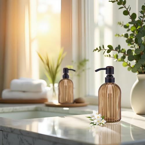 16 OZ Amber Glass Soap Dispenser, Amber Stripe Bathroom Hand Soap Dispensers with Stainless Steel Bronze Pump,Brown Glass Kitchen Hand Soap Dispenser with Oil Rubbed Bronze Pump - color: Oil Rubbed Bronze+amber, size: 1-Pack