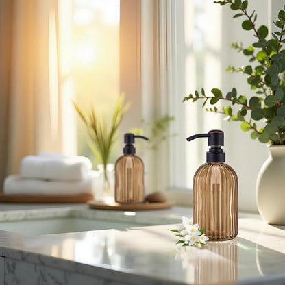 16 OZ Amber Glass Soap Dispenser, Amber Stripe Bathroom Hand Soap Dispensers with Stainless Steel Bronze Pump,Brown Glass Kitchen Hand Soap Dispenser with Oil Rubbed Bronze Pump - color: Oil Rubbed Bronze+amber, size: 1-Pack