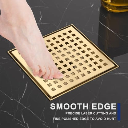 6 Inch Brushed Gold Square Shower Drain with Removable Grate | AISI 304 Stainless Steel Shower Drain, Shower Floor Drain with Hair Catcher & ABS Flange, Fits Bathroom & Balcony etc - color: Brushed Gold, size: 6 in